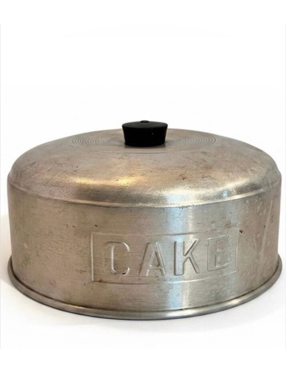 Aluminum Cake Carrier Dome Cover Embossed CAKE Black Knob Mid Century Vintage
